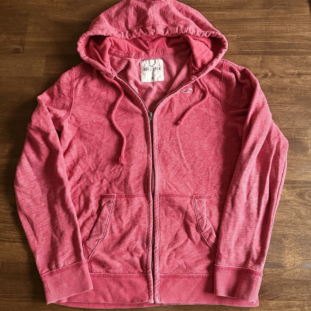 Hollister Red Washed Zip-Up Hoodie Casual Drawstring Size Medium